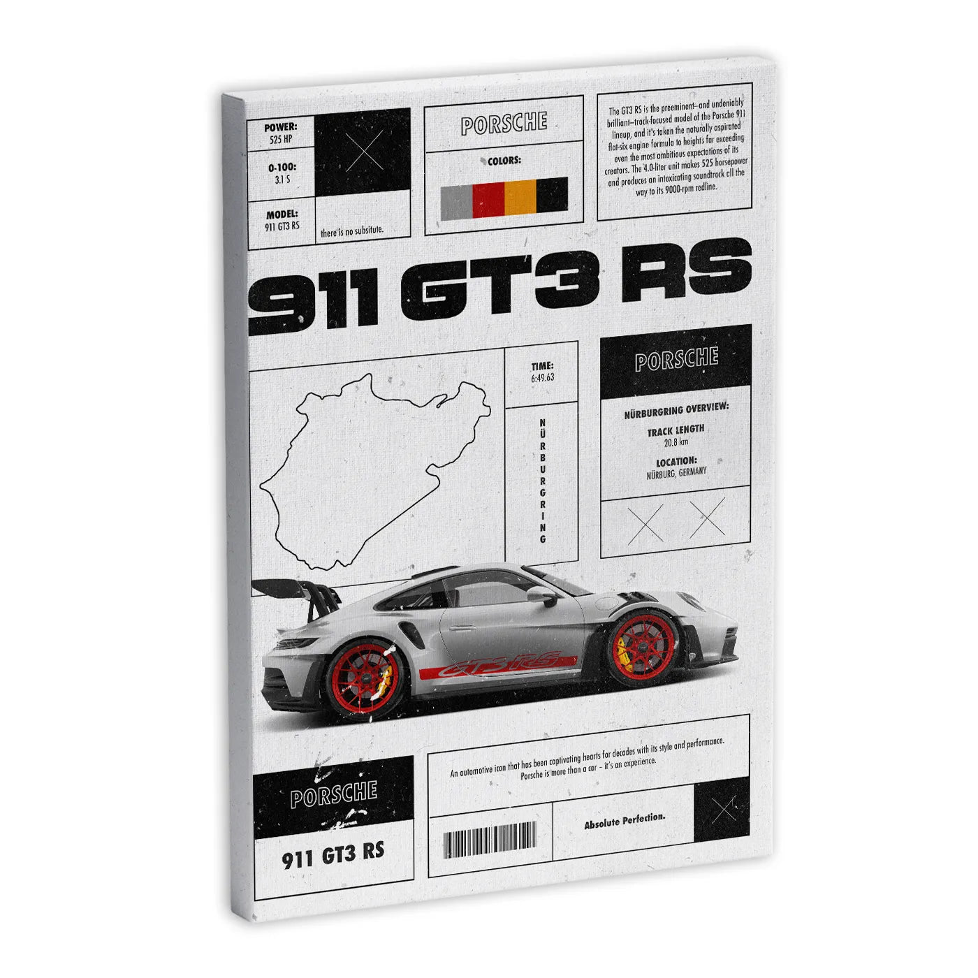 Obraz na płótnie przedstawiający Porsche 911 GT3 RS z białym tłem. Na górze widoczne są dane techniczne samochodu, w tym moc, pojemność silnika i model. Po lewej stronie znajduje się zarys toru Nürburgring. Na dole widnieje zdjęcie samochodu z czerwonymi felgami oraz napis "911 GT3 RS".