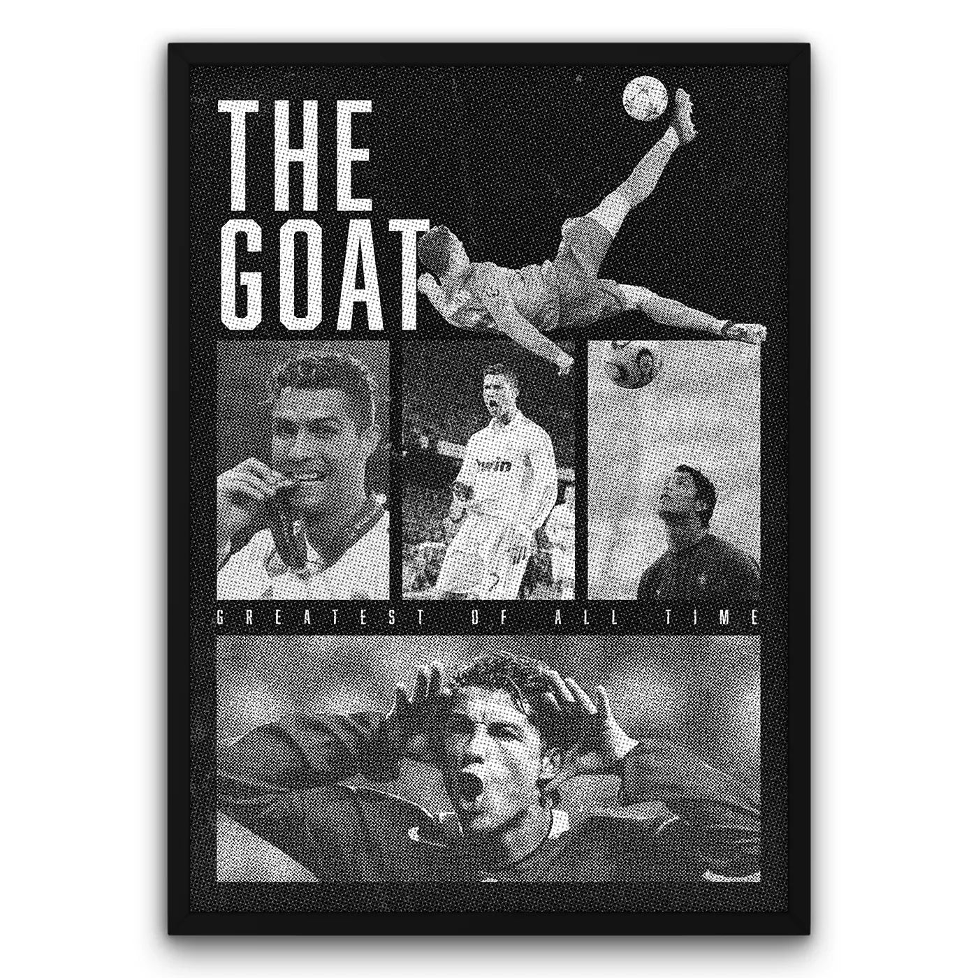 Plakat THE GOAT z piłkarzem w akcji, czarno-biały design, sportowa dekoracja ścienna, idealny dla fanów piłki nożnej.