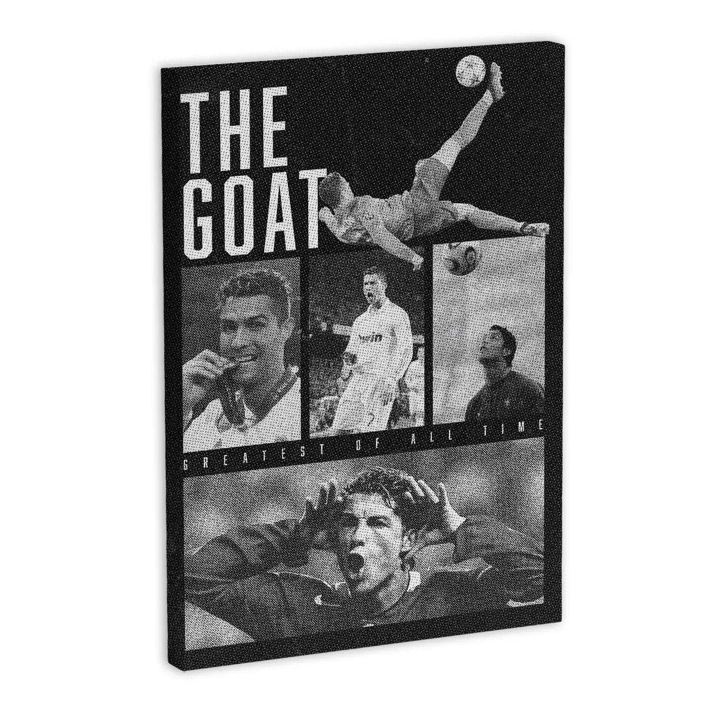 Canvas art featuring a collage of a famous soccer player with the text 'THE GOAT' and 'Greatest of All Time'. Includes images of the player in action, celebrating, and posing.