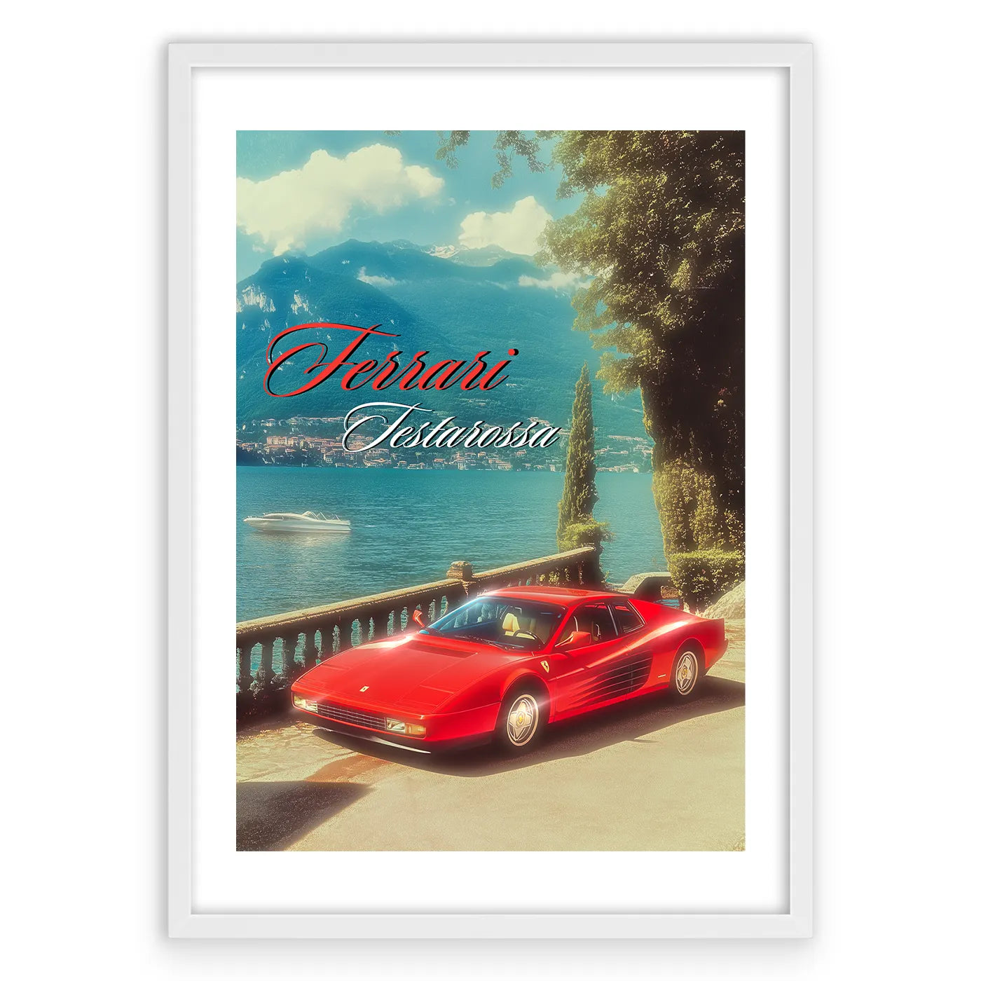 Ferrari Testarossa Vintage Plakat-Biała Krawędź-Biała Aluminiowa Rama