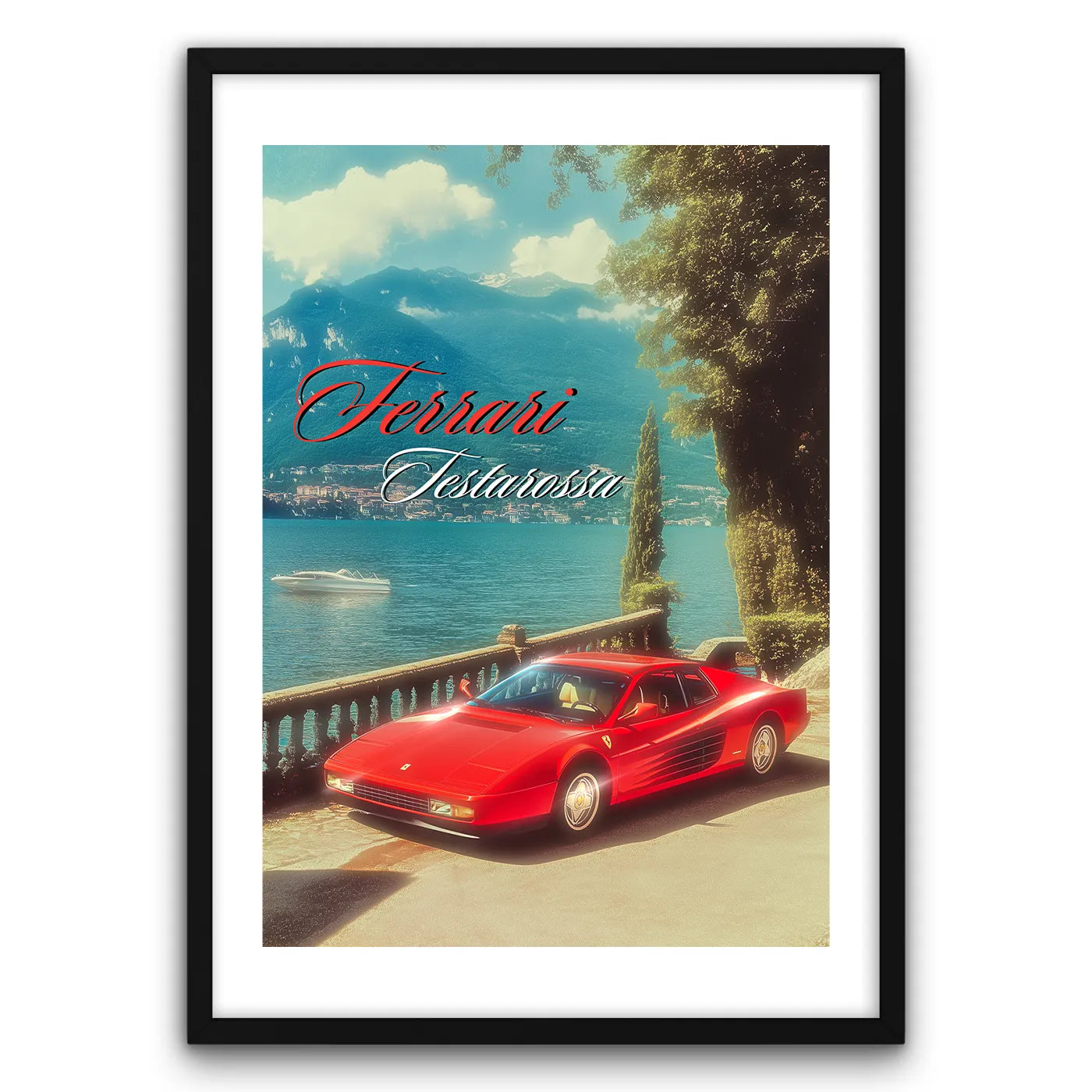Ferrari Testarossa Vintage Plakat-Biała Krawędź-Czarna Drewniana Rama