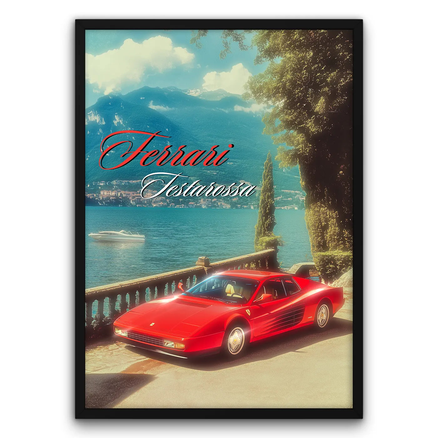Plakat z czerwonym Ferrari Testarossa na tle jeziora i gór, styl retro.