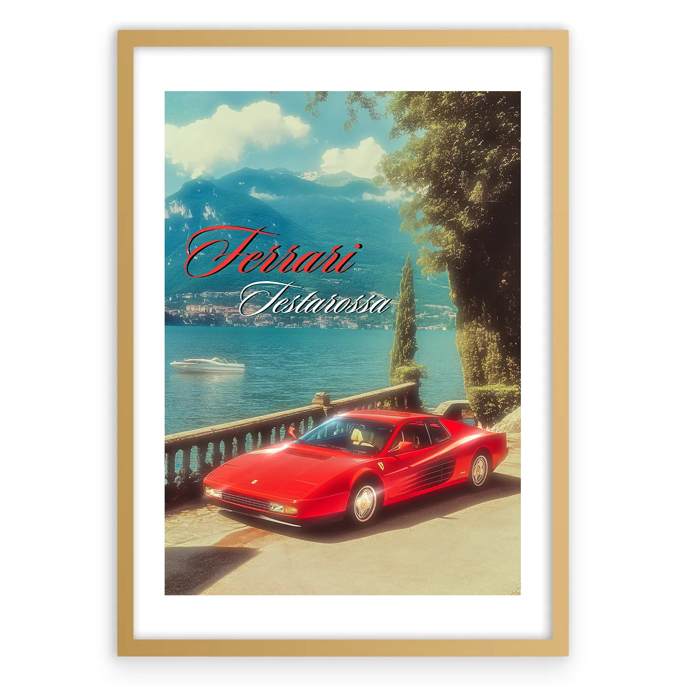 Ferrari Testarossa Vintage Plakat-Biała Krawędź-Złota Aluminiowa Rama