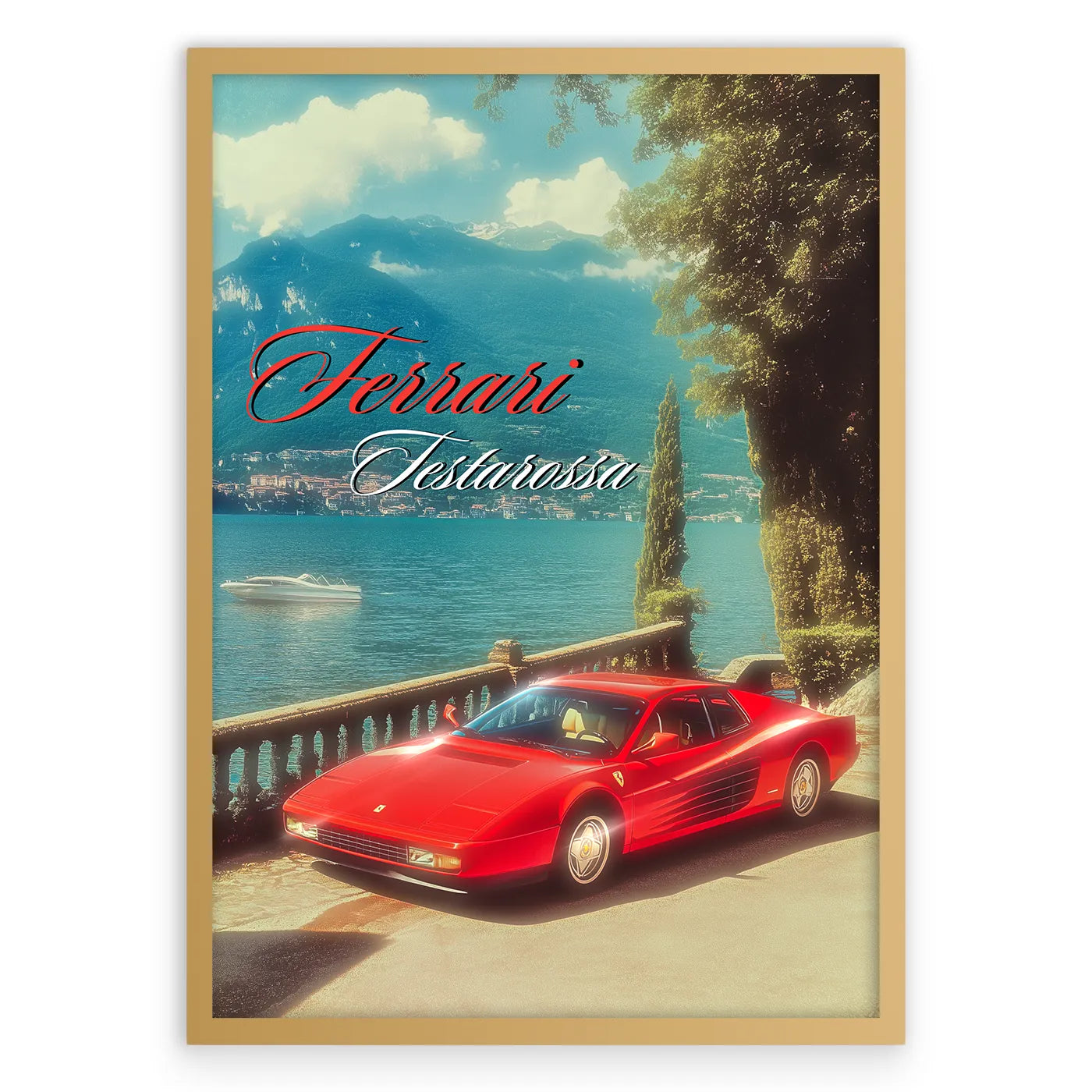 Ferrari Testarossa Vintage Plakat-Pełna Okładka-Złota Aluminiowa Rama
