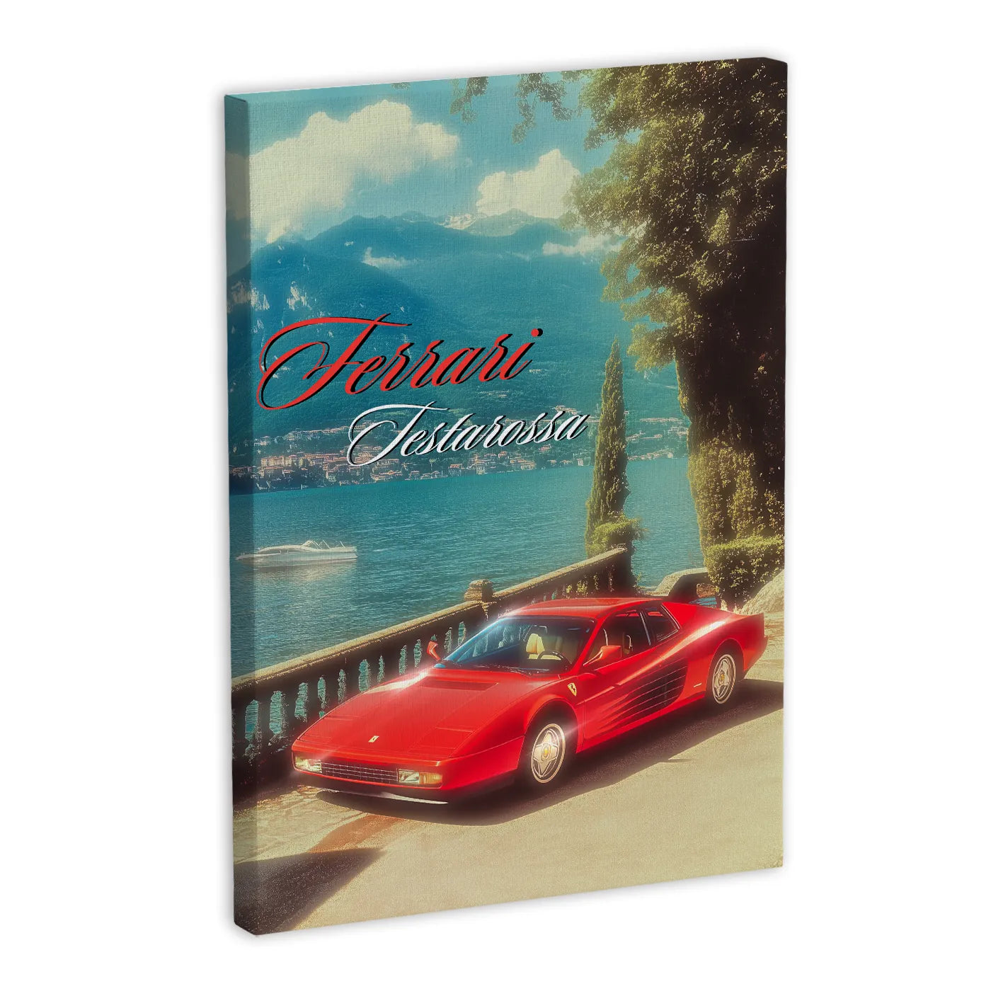 Czerwony Ferrari Testarossa na tle malowniczego jeziora i gór, obraz na płótnie.