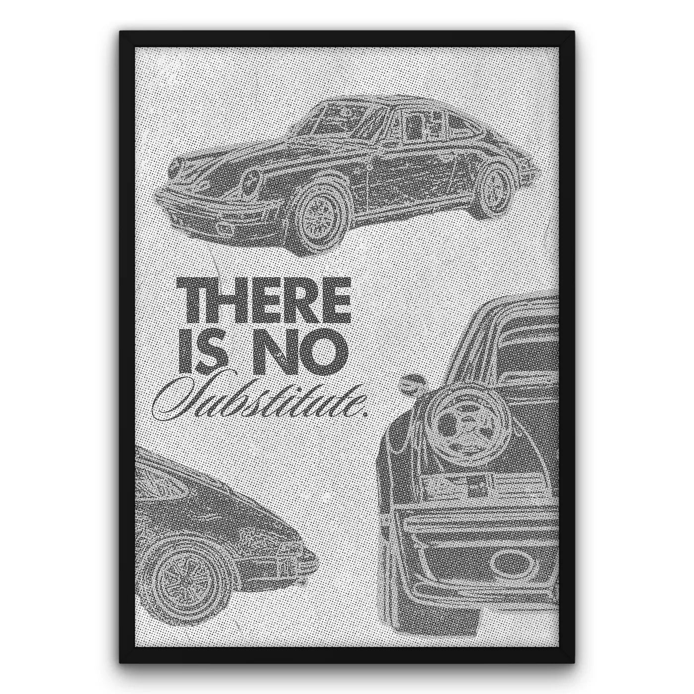 Alt text: "Plakat z klasycznym samochodem sportowym i napisem 'There Is No Substitute'"