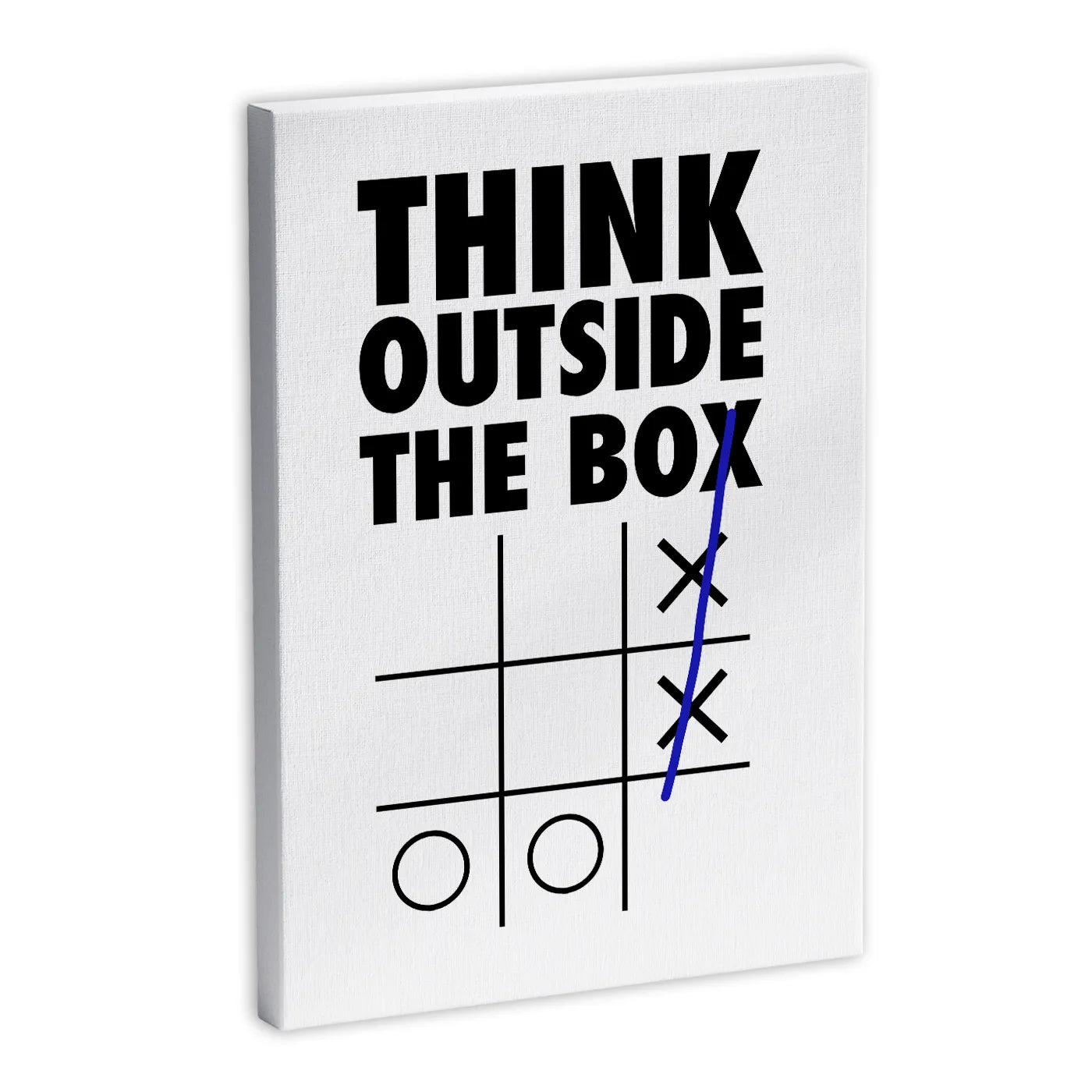 Płótno z napisem "Think Outside The Box" oraz rysunkiem gry w kółko i krzyżyk, gdzie krzyżyk wychodzi poza planszę.