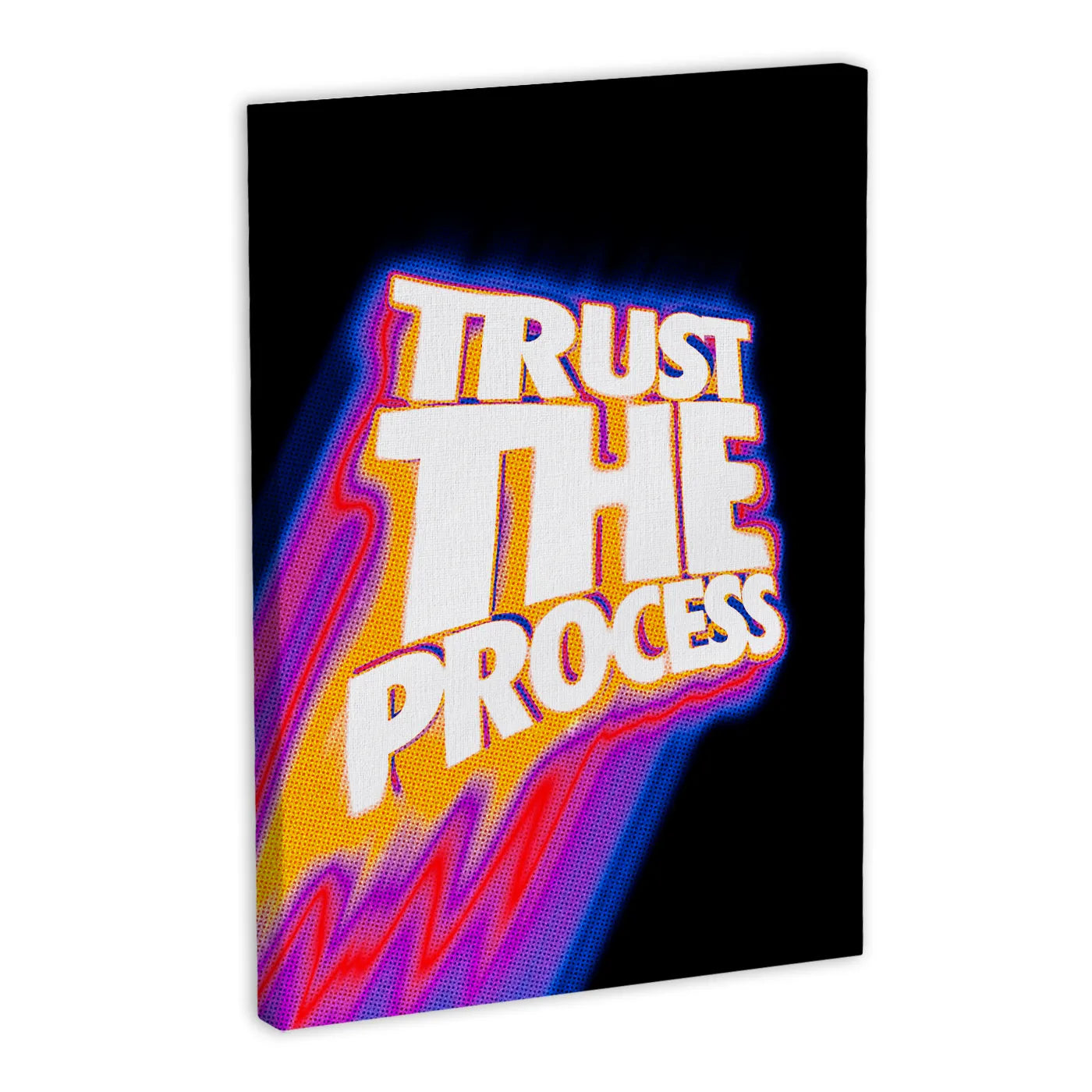 "Trust the Process" napis na płótnie, nowoczesna dekoracja ścienna, motywacyjny cytat, sztuka typograficzna, żółto-czarne litery.