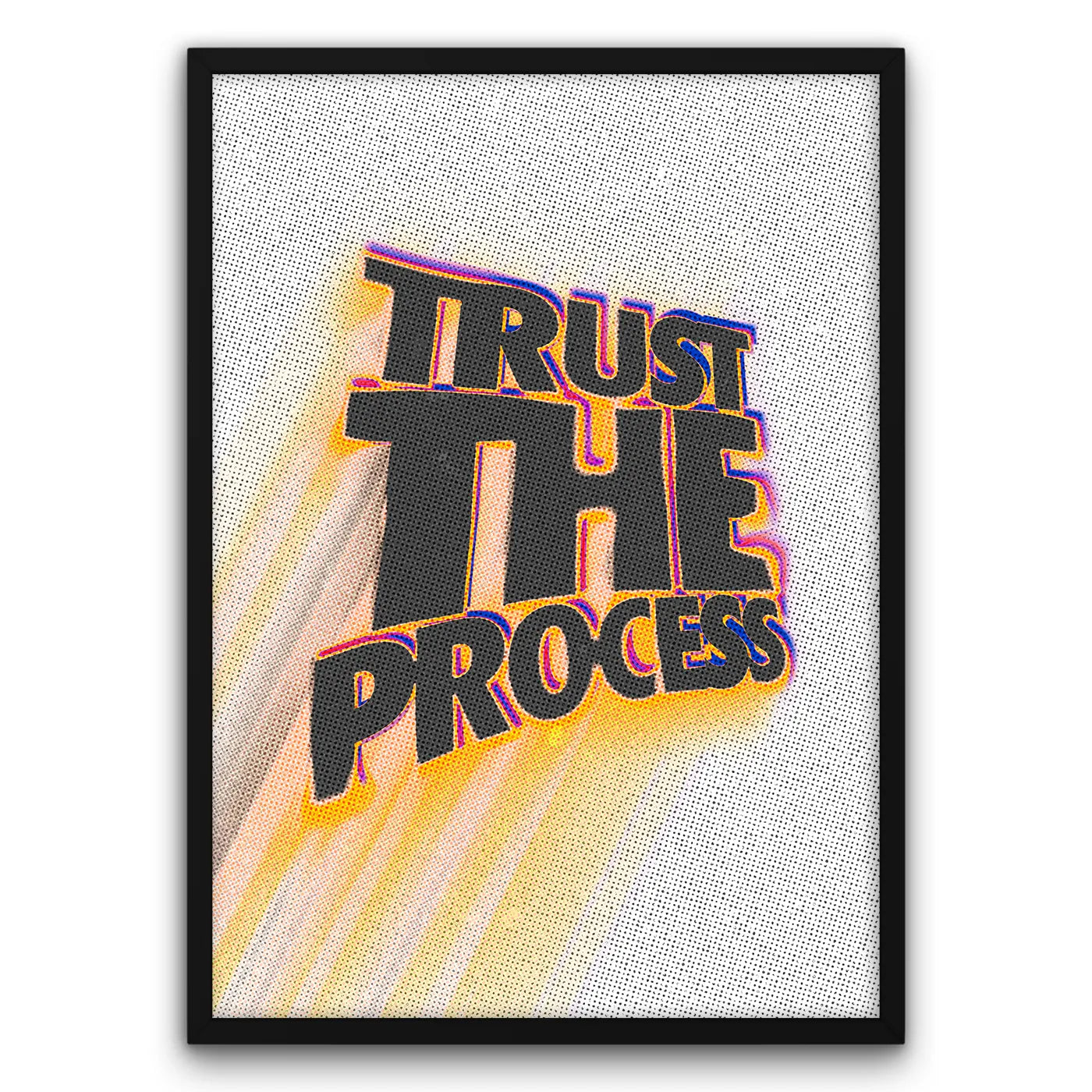 Plakat z napisem "Trust the Process" w stylu retro, kolorowe cieniowanie, dekoracja ścienna, motywacyjny design.