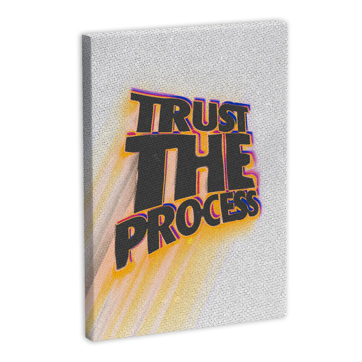 "Trust the Process" napis na płótnie, nowoczesna dekoracja ścienna, motywacyjny cytat, sztuka typograficzna, żółto-czarne litery.