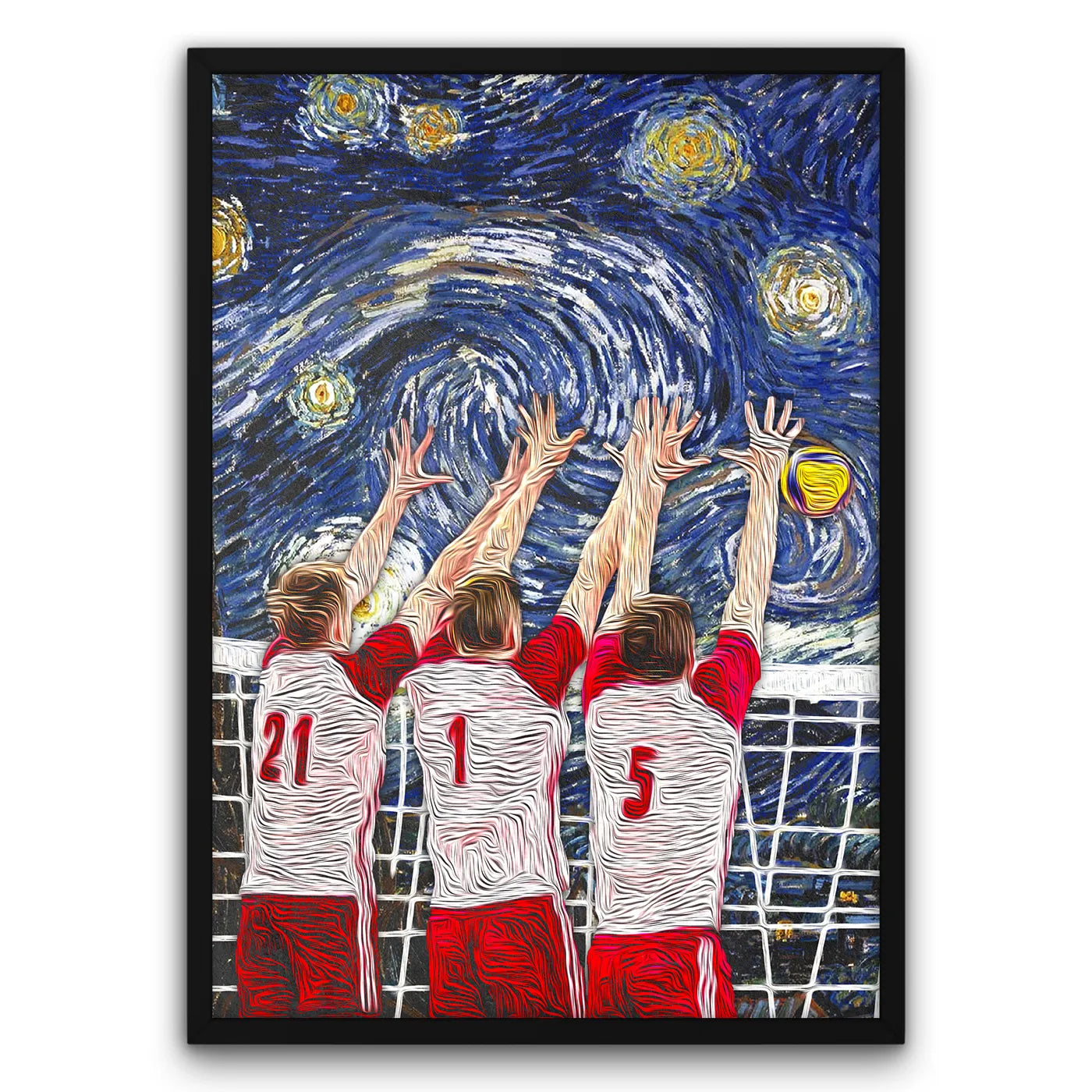 Plakat z motywem Van Gogha przedstawiający trzech siatkarzy w czerwono-białych strojach, blokujących piłkę na tle gwiaździstego nieba.