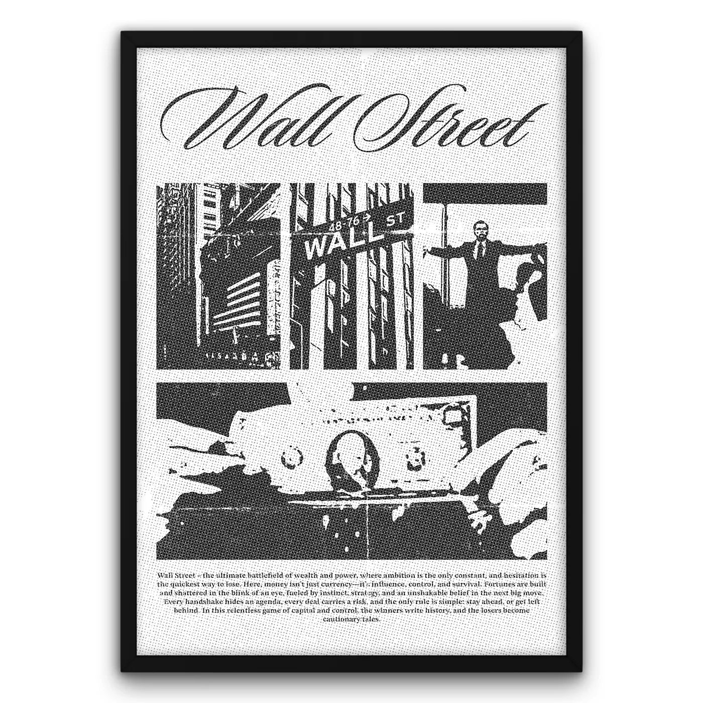 Plakat Wall Street z motywem finansowym, czarno-biały design, zdjęcia budynków i symboli giełdy.