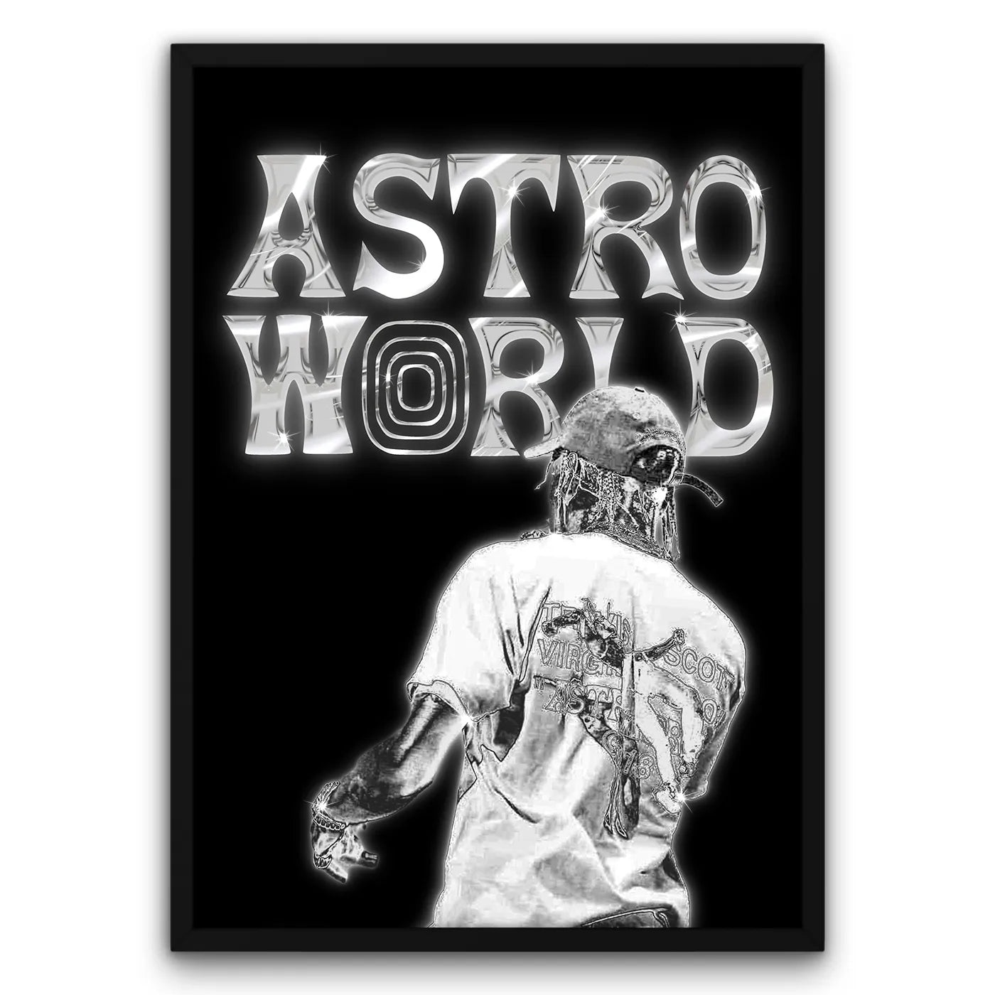Plakat Astroworld z postacią w koszulce, czarno-biały design, dekoracja ścienna, nowoczesny styl.