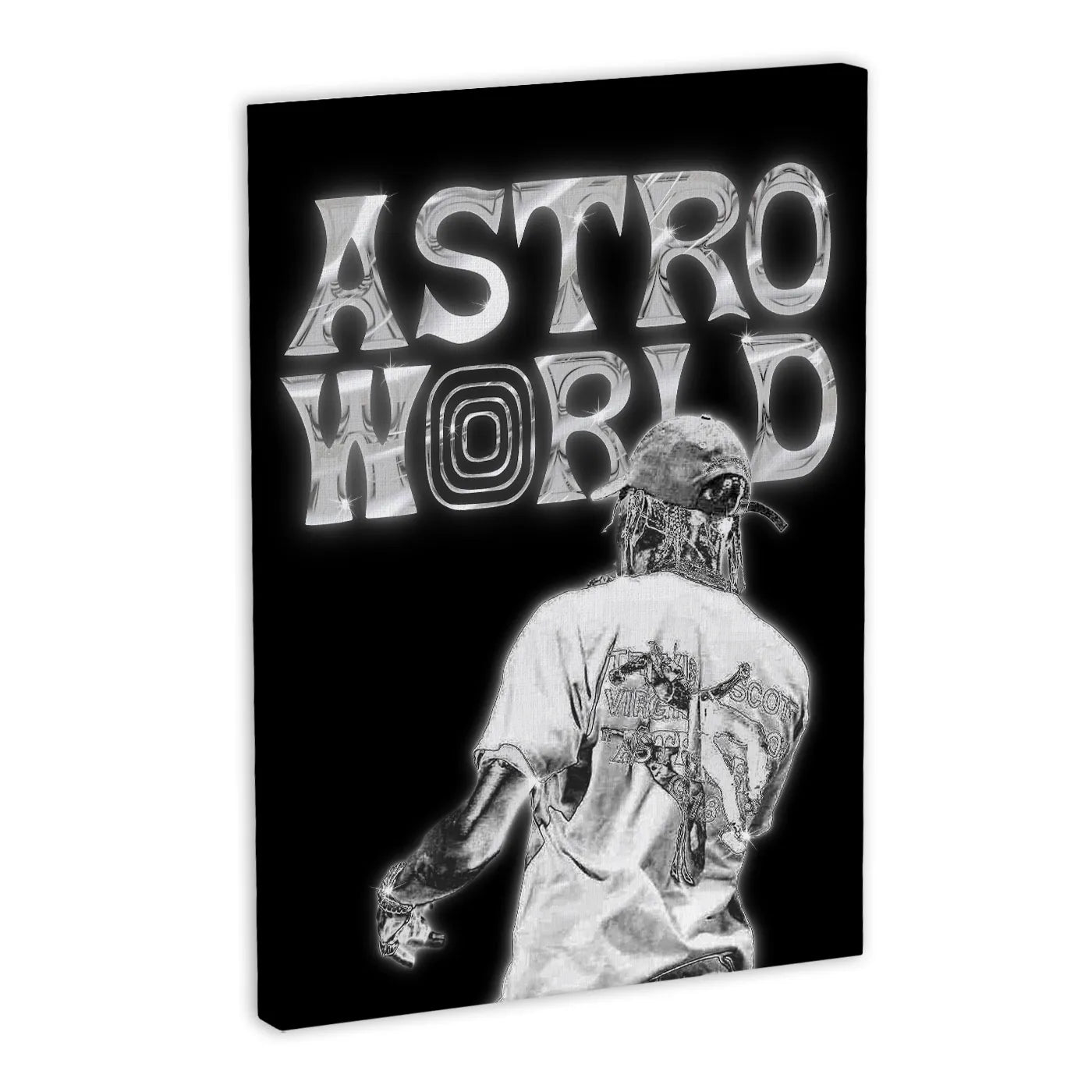 Czarno-białe płótno z postacią w koszulce i czapce, z napisem "ASTROWORLD" w stylu retro.