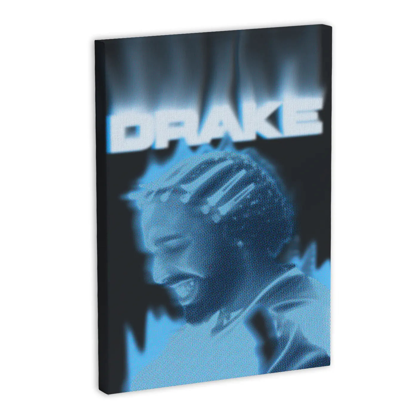 Obraz na płótnie z niebieskim portretem mężczyzny z napisem "DRAKE" na górze, stylizowanym na płomienie.
