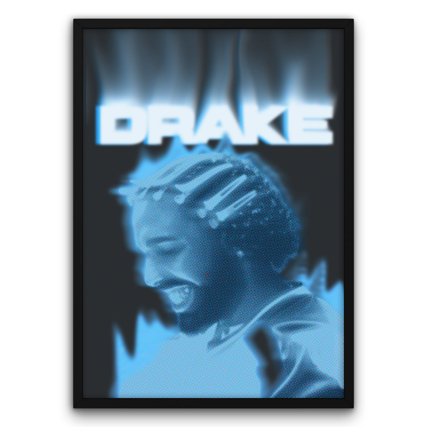 Plakat z wizerunkiem artysty Drake w niebieskich odcieniach, z napisem 'DRAKE' u góry
