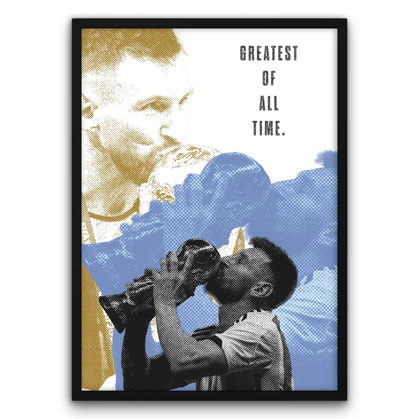 Plakat z piłkarzem trzymającym puchar, napis "Greatest of All Time", sportowy plakat dekoracyjny.