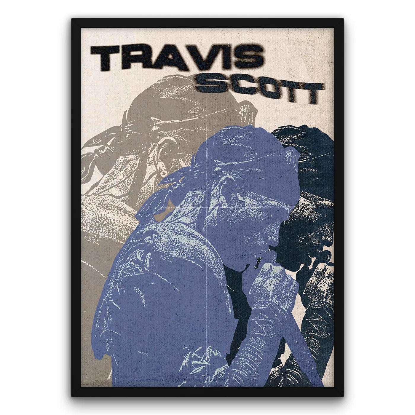 Plakat z artystą muzycznym w niebieskim odcieniu, z napisem "TRAVIS SCOTT" na górze.