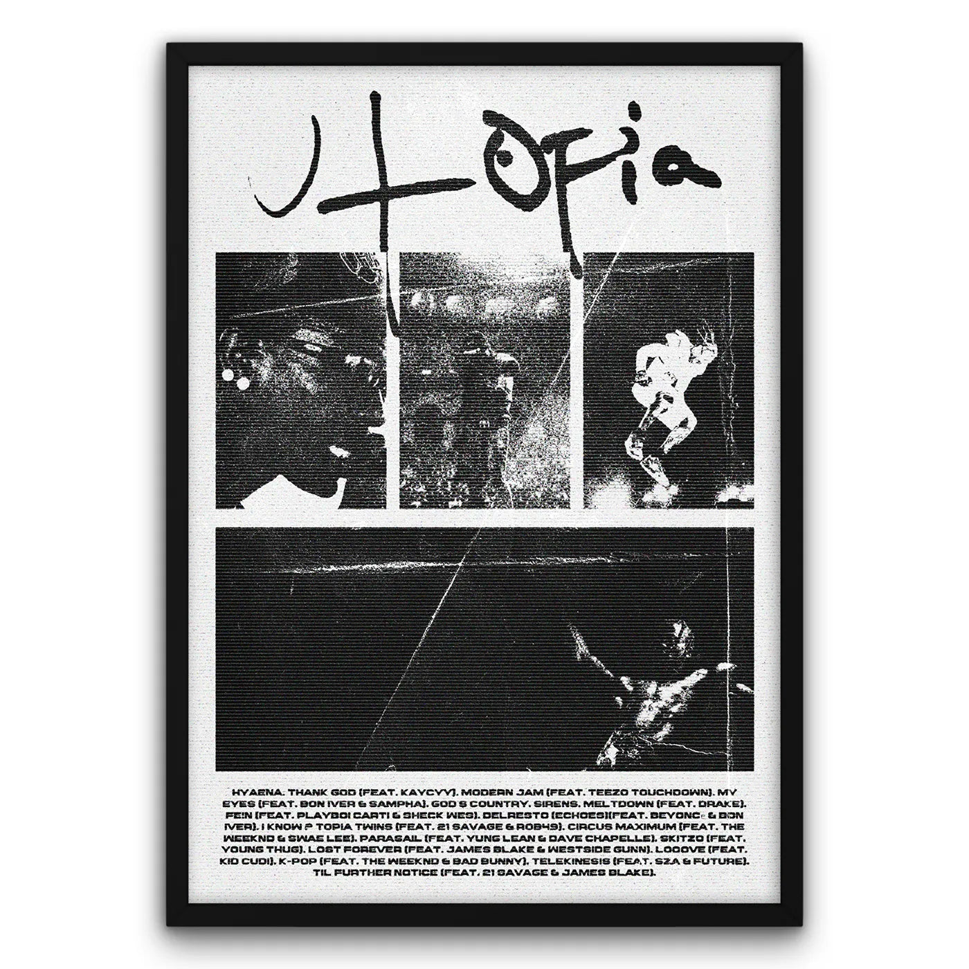 Plakat albumu muzycznego "Utopia" z czarno-białymi zdjęciami i artystycznym napisem.