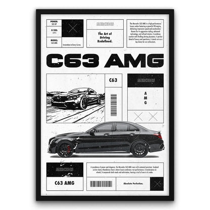 Plakat samochodu Mercedes C63 AMG, czarny sedan, ilustracje i specyfikacje techniczne, motyw wyścigowy.
