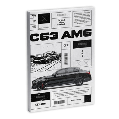 Obraz na płótnie z motywem samochodu Mercedes C63 AMG, czarno-biały design z ilustracją auta i tekstami technicznymi. Idealny dla miłośników motoryzacji.
