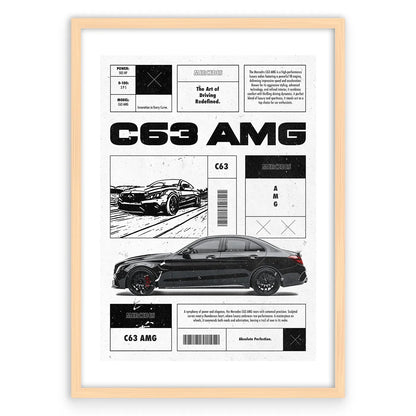 C63 AMG Plakat-Biała Krawędź-Naturalna Drewniana Rama