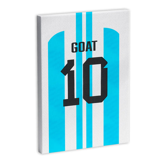 Płótno z niebiesko-białą koszulką piłkarską z numerem 10 i napisem "GOAT".