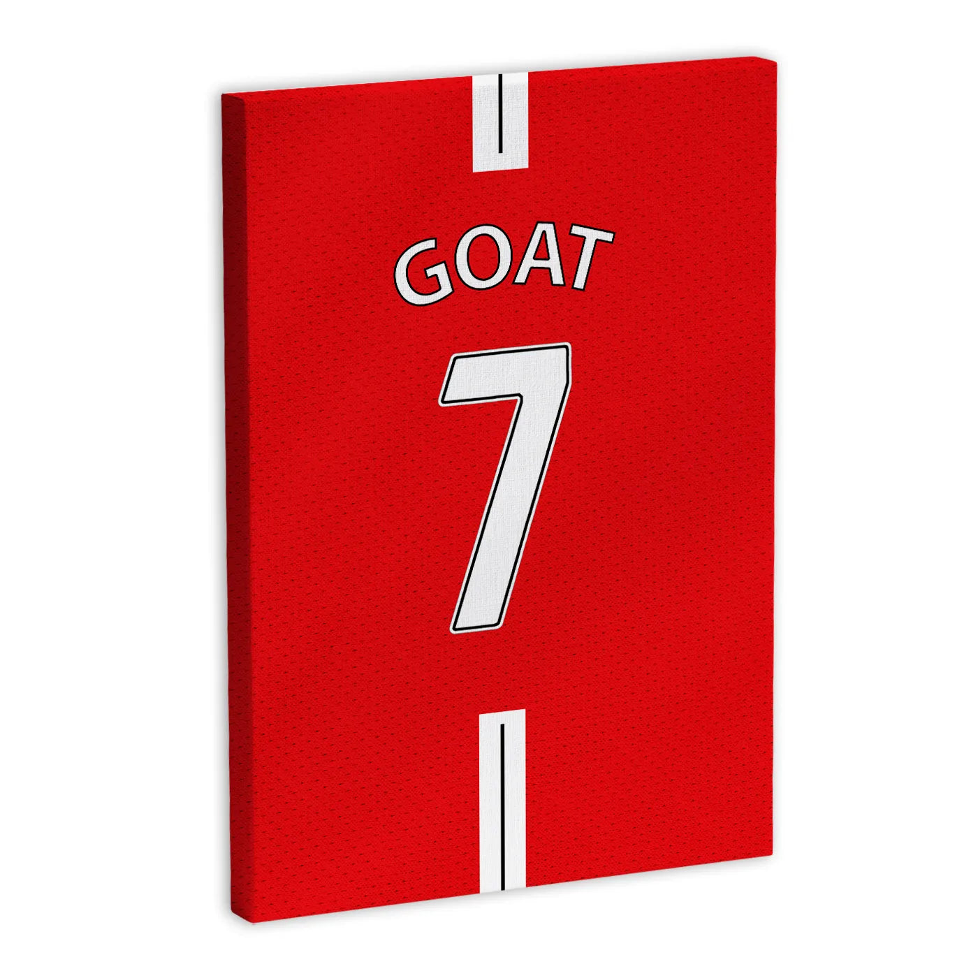 Czerwony obraz na płótnie z numerem 7 i napisem "GOAT" w stylu koszulki piłkarskiej Manchester United.