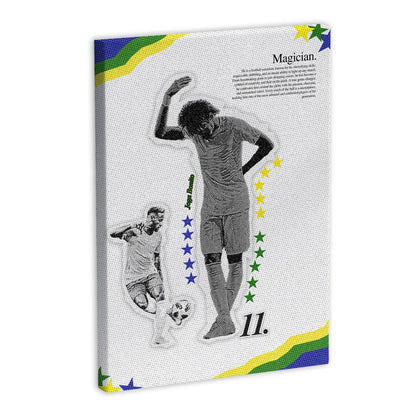 Plakat piłkarski z sylwetką piłkarza w akcji, otoczony kolorowymi gwiazdami i numerem 11, z napisem "Magician" na górze. Tło w barwach zielono-żółto-niebieskich.