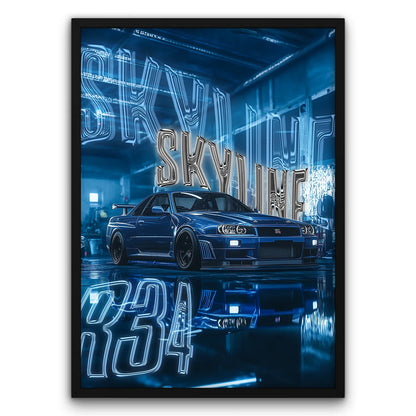 Plakat samochodu Nissan Skyline R34 w stylu neonowym, niebieskie tło, motyw motoryzacyjny.