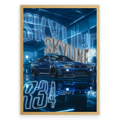 Nissan Skyline R34 Plakat-Pełna Okładka-Złota Aluminiowa Rama