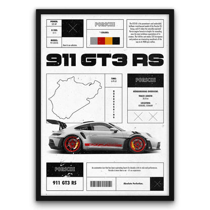 Alt text: Plakat samochodu Porsche 911 GT3 RS z danymi technicznymi, mapą toru Nürburgring i zdjęciem auta z boku.