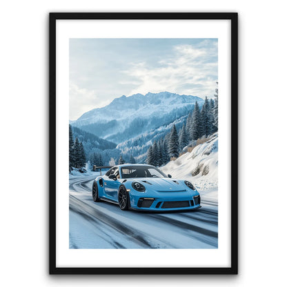 Porsche 911 in Mountains Plakat-Biała Krawędź-Czarna Drewniana Rama