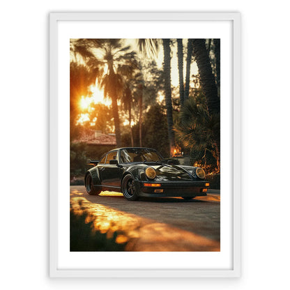 Porsche 911 Sunset Vintage Plakat-Biała Krawędź-Biała Aluminiowa Rama