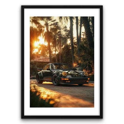 Porsche 911 Sunset Vintage Plakat-Biała Krawędź-Czarna Drewniana Rama
