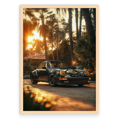 Porsche 911 Sunset Vintage Plakat-Pełna Okładka-Naturalna Drewniana Rama