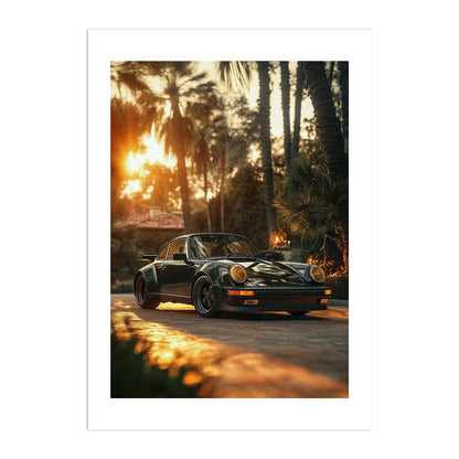 Porsche 911 Sunset Vintage Plakat-Biała Krawędź-Bez Ramy