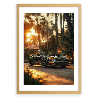 Porsche 911 Sunset Vintage Plakat-Biała Krawędź-Złota Aluminiowa Rama
