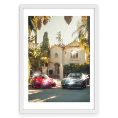 Porsche and Ferrari Plakat-Biała Krawędź-Biała Aluminiowa Rama