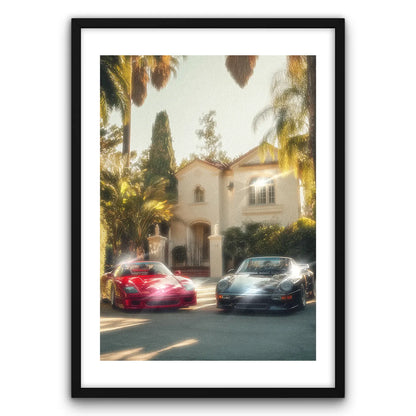 Porsche and Ferrari Plakat-Biała Krawędź-Czarna Drewniana Rama