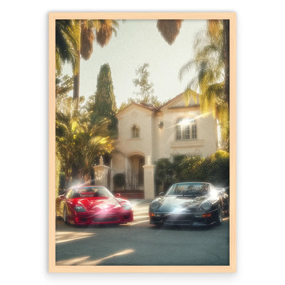 Porsche and Ferrari Plakat-Pełna Okładka-Naturalna Drewniana Rama