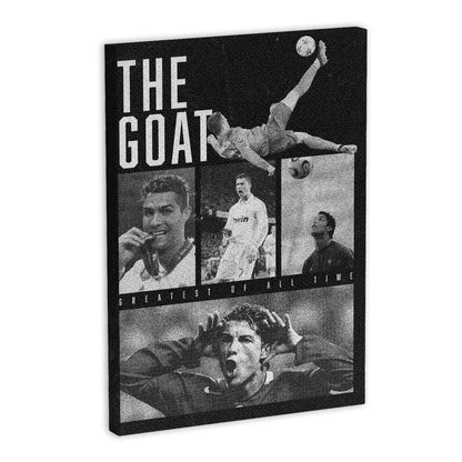 Canvas art featuring a collage of a famous soccer player with the text 'THE GOAT' and 'Greatest of All Time'. Includes images of the player in action, celebrating, and posing.