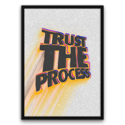 Plakat z napisem "Trust the Process" w stylu retro, kolorowe cieniowanie, dekoracja ścienna, motywacyjny design.