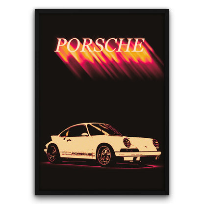 Plakat vintage z samochodem Porsche na czarnym tle, styl retro, neonowy napis "Porsche".