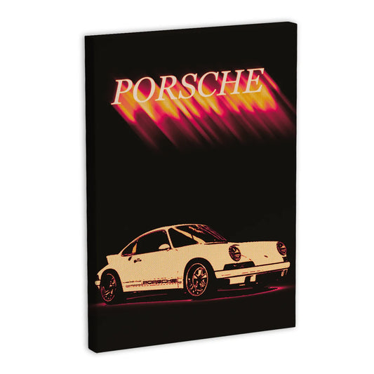 Vintage Porsche na płótnie - styl retro z efektem neonowym, klasyczny samochód sportowy na czarnym tle.