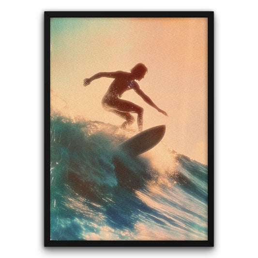 Plakat vintage z surferem na fali, styl retro, dekoracja ścienna, sztuka surfingowa.
