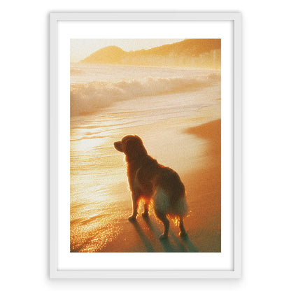 Vintage Dog Sunset Plakat-Biała Krawędź-Biała Aluminiowa Rama