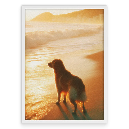 Vintage Dog Sunset Plakat-Pełna Okładka-Biała Aluminiowa Rama