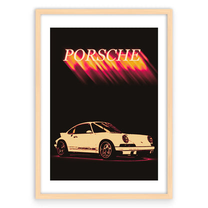 Vintage Porsche Plakat-Biała Krawędź-Naturalna Drewniana Rama