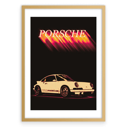 Vintage Porsche Plakat-Biała Krawędź-Złota Aluminiowa Rama
